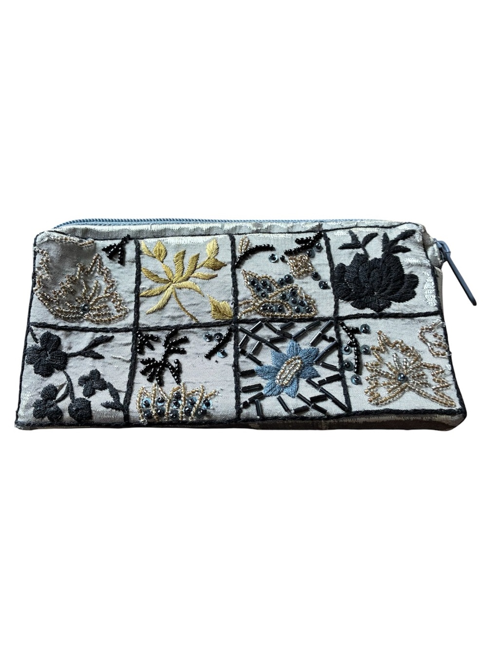 Piggies Beaded Embroidered Wristlet Patchwork Clutch Bag Floral Ivory Black Gold